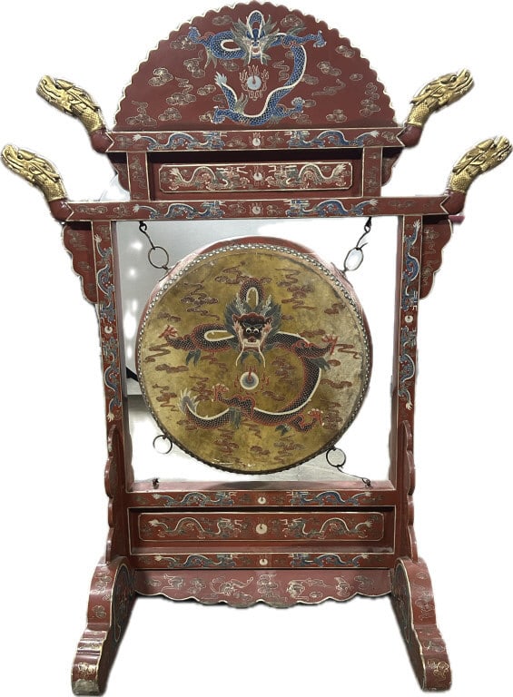 Chinese Imperial Dojo Dragon Drum with Stand.: Drum measures 20 inches diameter. Stand measures 44 inches wide x 55 inches high. Antique/vintage double-sided red lacquer ground, dragon, flaming pearl and cloud hand painted motifs, and gilt finishe