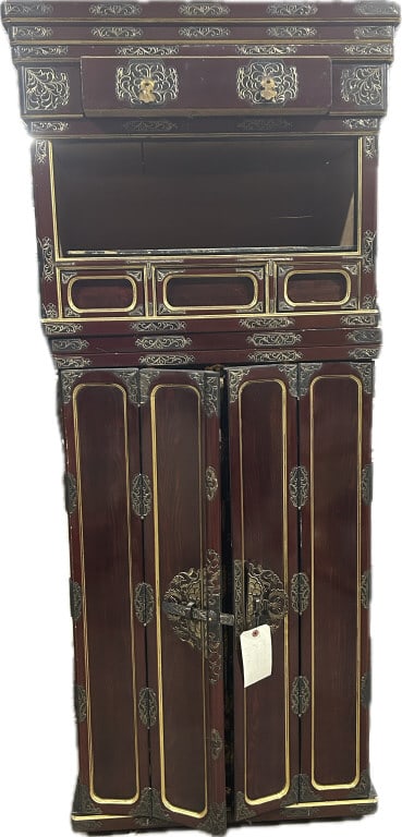 Antique Japanese Butsudan Buddhist Altar.: 25 inches wide x 61 inches tall x 21 inches deep. Lacquered and gilt finish, elaborately carved with birds, floral and foliate motifs. These alters were a sacred place to house Buddhist statues, scrol
