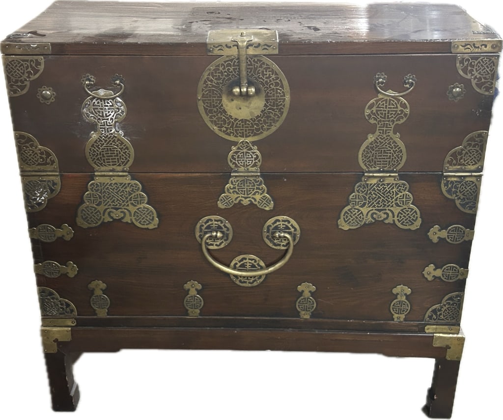 Antique Korean Elmwood Tansu-Style Blanket Chest.: 43 inches long x 19 inches wide x 41 inches tall. Fairly heavy at 60+ lbs. Late 19th/early 20th century. Also known as Bandajai (blanket chest), mounted with traditional symbolic brass hardware, havin