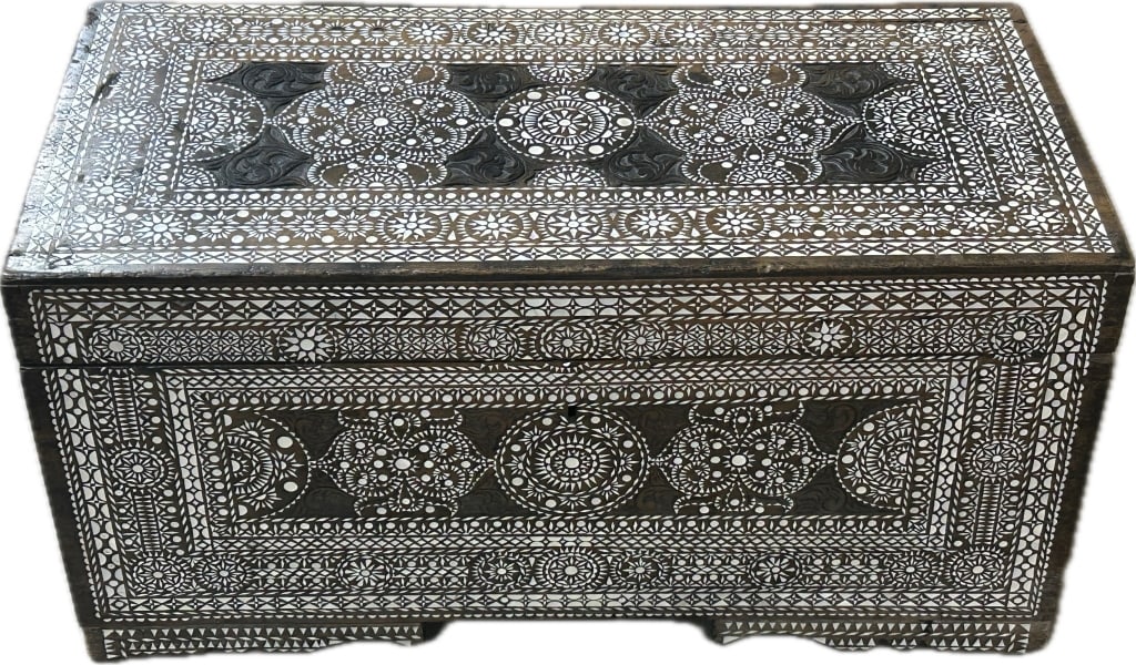 Antique Syrian Inlaid Walnut Blanket Chest.: Measures approximately 31 inches long x 15 inches wide x 16 inches tall. Featuring intricate mother-of-pearl sunburst inlays and Moorish patterned carvings. Historically gifted as wedding dowry chests