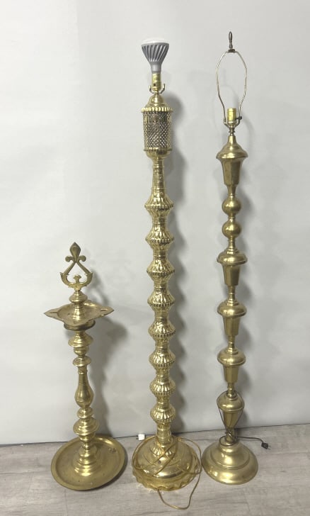 Vintage Indian Brass Diya & 2 Floor Lamps.: Diya measures 41 inches tall. Lamps approximately 60 inches tall. Traditional ritual oil lamp used in India and Nepal, known as diya, deepam, or deepak. And two various Moorish style electrified floor