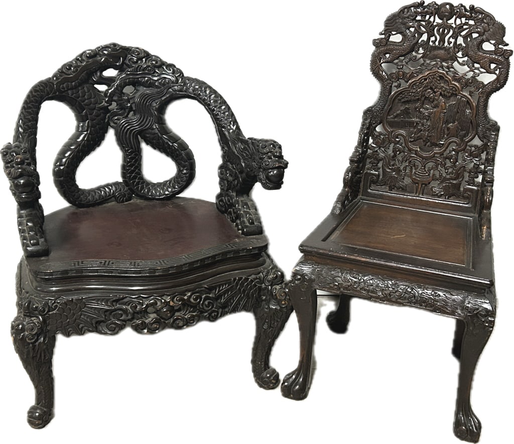 2 Chinese Ornately Carved Rosewood Chairs.: Dragon chair measures 26.5 inches arm to arm x 34 inches tall. Smaller chair 19 inches across seat x 40 inches tall. Both are likely late 19th/early 20th century. 1st: Dragon and bat carved armchair w