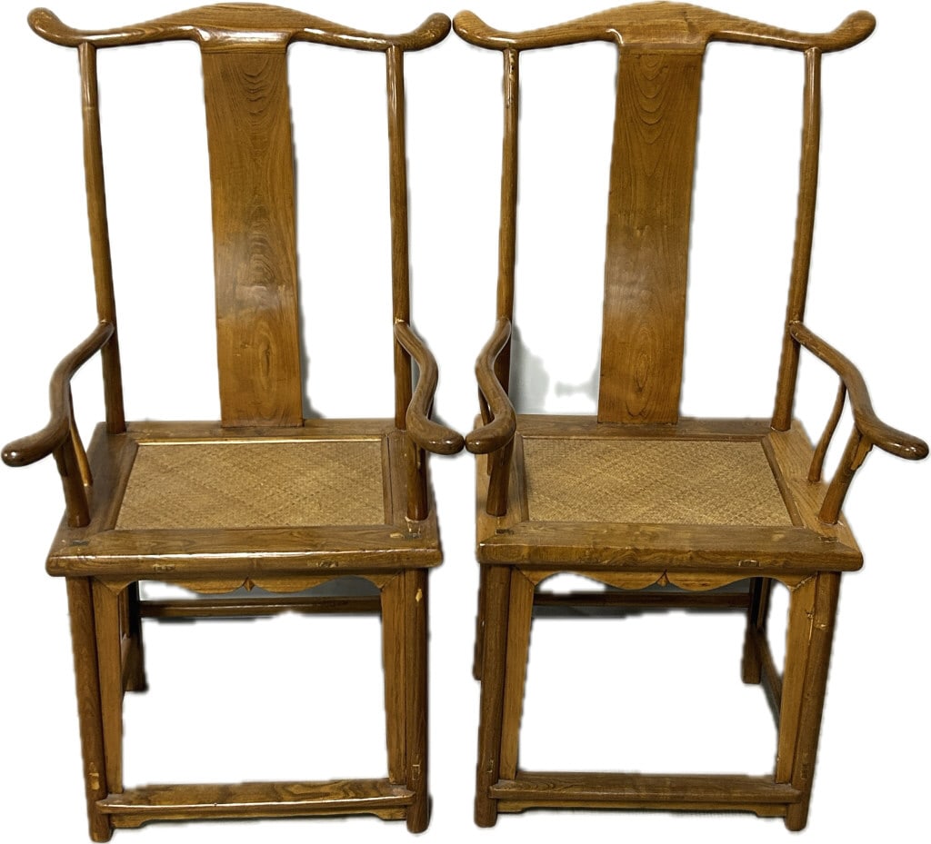 Pair of Antique Chinese Huaimu Armchairs.: Each chair measures 24 inches arm to arm x 48 inches tall. Likely late Qing dynasty, rosewood frames with woven rattan seats. Yoke-back armchairs, known as guanmaoyi (official's hat) chairs. Condition