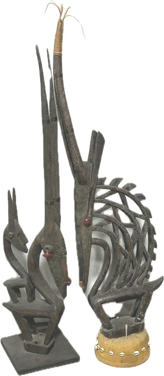 Bamana Ci Wara Antelope Carved Wood Headdress.: 43 and 46 inches tall. Late 19th/early 20th century, Bamana peoples, Bamako region, Mali. Dancers wore these in pairs, male and female during ceremonies for planting and harvesting to invoke fertility