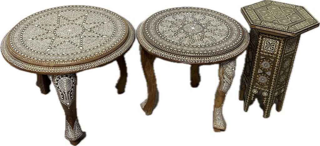 3 Vintage Anglo-Indian Bone Inlaid Stands.: Largest 20 inches diameter x 16 inches tall. Smallest stand 10.5 inches across top x 18 inches tall. Moroccan or Syrian side tables with Moorish motifs. Two have circular tops with cabriole legs one o