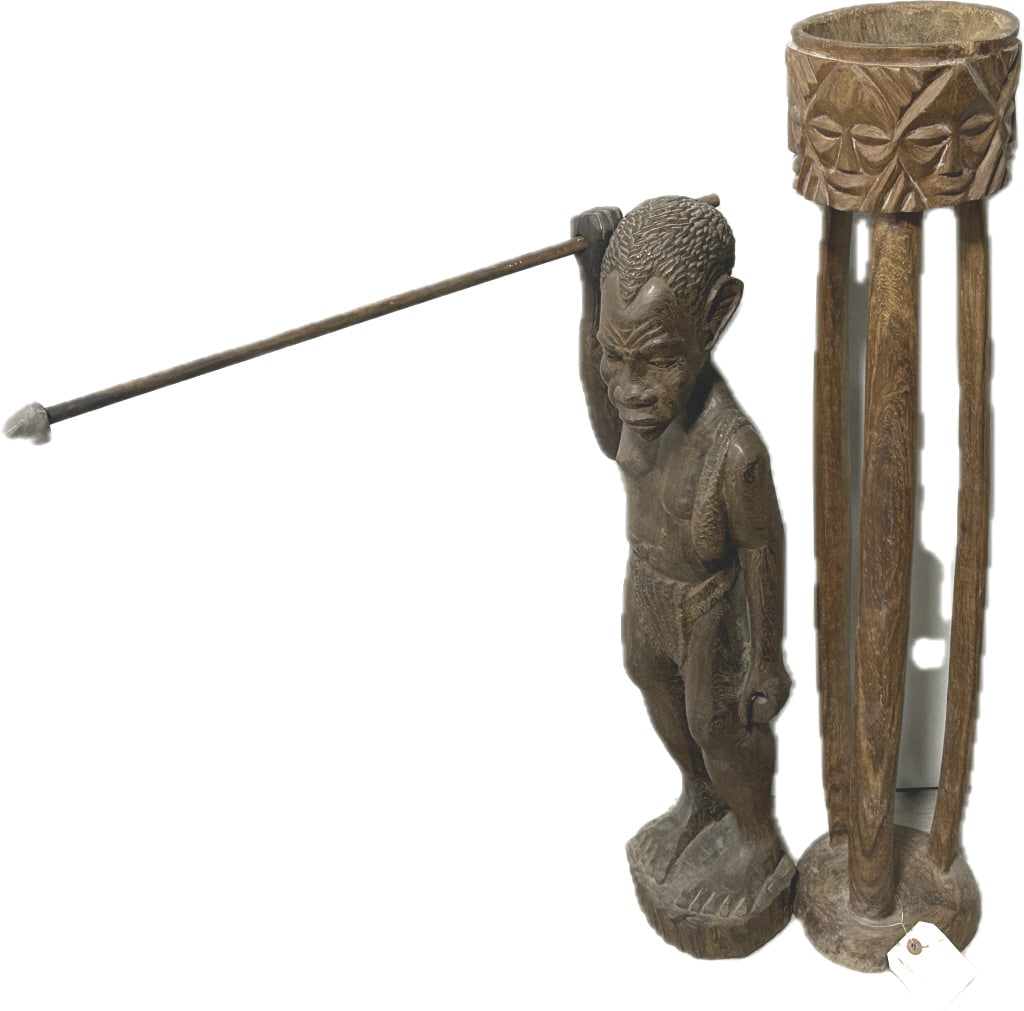 African Carved Wood Warrior & Offering Stand. (1 of 6)