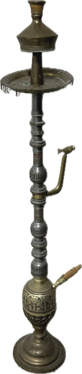 Large Middle Eastern Brass Tobacco Hookah.: 50"Hx8"W. Known as a shisha, long ornate brass stem. Condition: Good with wear, leans slightly. **LOCAL PICKUP MUST BE BY APPT ONLY POST AUCTION ONLY ON SPECIFIC DATES:CALL 717-272-7078 TO MAKE AN