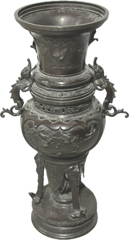 Antique Japanese Monumental Bronze Floor Vase.: 42"Hx15"W. Breaks down into sections. Heavy at approximately 100 lbs. Breaks down into sections. Likely Meiji period (1868-1912), featuring dragon handles and ornate high-relief nature imagery of