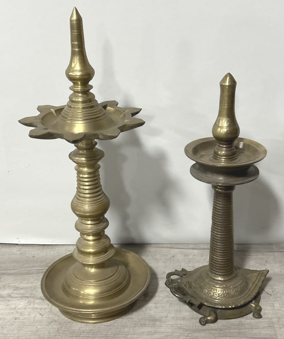 Vintage Indian Brass Kerala & Diya Oil Lamps.: 22-28"H. Specifically a tiered kuthu vilakku or samay lamp often used in South Indian temples and homes for rituals and decoration. One with turtle base. Condition: Good, no damage.**LOCAL PICKUP
