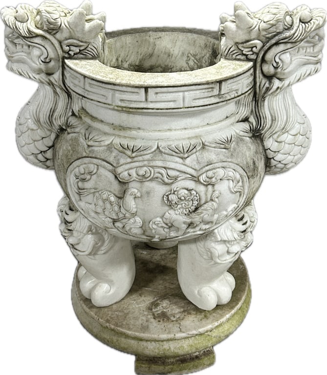 Large Vietnamese Hand-Carved Marble Incense Urn.: 32" Diameter x 40"H. Extremely heavy, over 300 lbs. White marble dragon incense urn would typically be seen outside a Buddhist temple, filled with sand, having numerous incense sticks burning in it.
