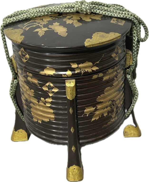 Japanese Hokai Lacquered Storage Container.: 17"Hx14.5" Diameter. These boxes were traditionally used for ritual purposes, such as carrying food for ceremonies, or storing shells for the Kai-awase (shell matching) game popular during the Edo