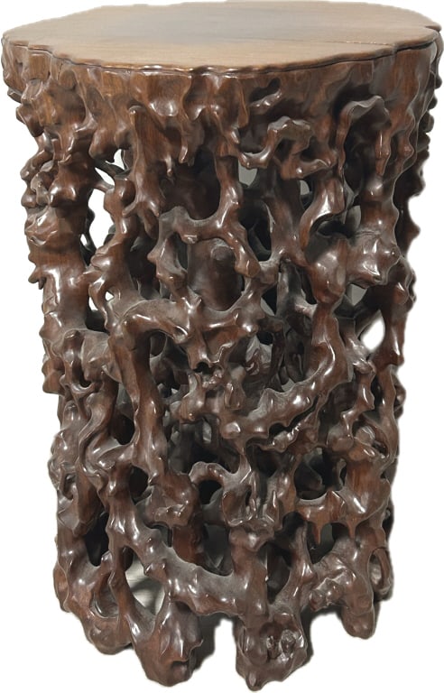 Vintage Chinese Carved Wood Root Stand.: 21"Hx13.5" Diameter. Fairly heavy for size at approximately 30-40 lbs. Known as a Ne-taku, traditionally used as a display base for bonsai trees. Carved from a hardwood, hollowed-out pattern is
