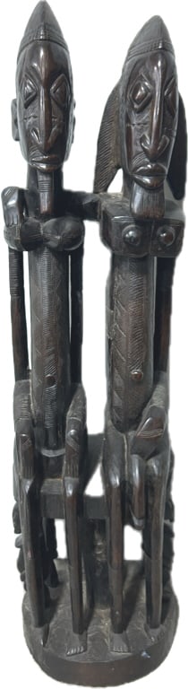 Dogon Carved Hardwood Primordial Couple Sculpture.: 50"Hx13"W. Heavy at approximately 60-80 lbs. Antique/vintage dark finished carving from the Dogon people of Mali, West Africa. Ancestor spirit statue representing Adam and Eve of their culture, and