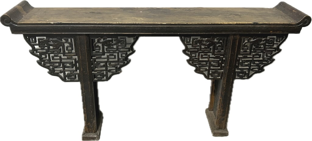 Antique Chinese Scholar's-Style Altar Table.: 36"Hx70"Wx14"D. Weight approximately 50-60 lbs. 19th century hardwood lacquered table with intricate geometric fretwork. Condition: Good with minor wear. **LOCAL PICKUP MUST BE BY APPT ONLY