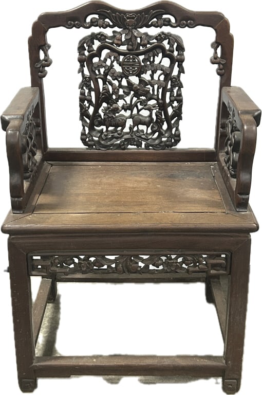 Antique Chinese Carved Rosewood Throne Chair.: 38"Hx24.5"W. Approximately 30-40 lbs. Elaborately carved with bat crest, foo dog, deer, bird, fruit, floral and foliate pierce-carved splat and apron, and stretcher base. Condition: Good with