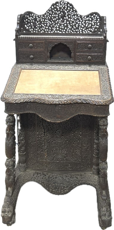 Antique Anglo-Indian Carved Padauk Davenport Desk.: 49"Hx23"Wx27"D. Made in India during the colonial period (circa late 19th century) for British and local markets. Ornately carved with exotic birds, lush floral and foliate motifs. Condition: Good