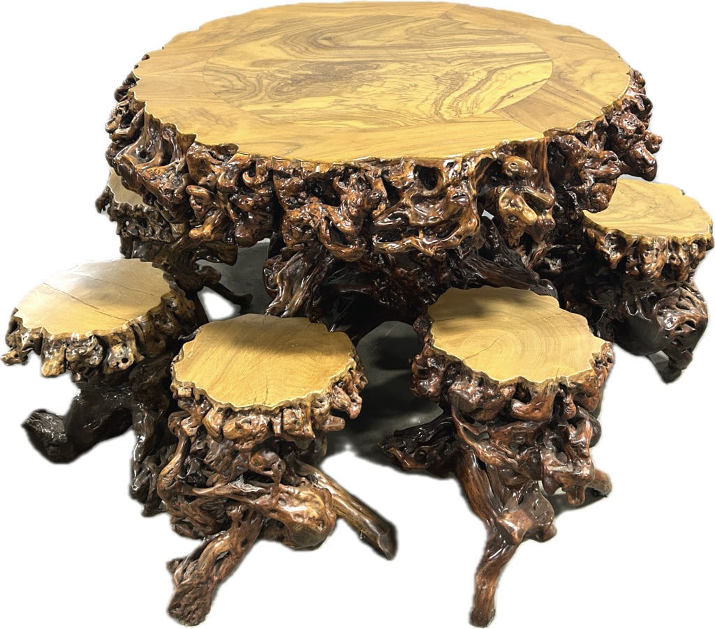 Vintage Lacquered Burl Root Table with 7 Stools.: Table: 34"Hx41" Diameter. Each stool measures 13 inches diameter x 19 inches high. Top of table detachable from base. Base is very heavy. Chinese scholar's studio aesthetics, such as Gongshi. The deep