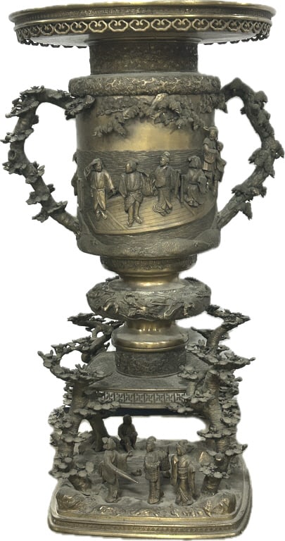 Large Japanese Meiji Period Bronze Usubata.: 28"Hx14.5" Diameter. Top half lifts off of base for easier transport. Approximately 50-70 lbs. Meiji Period (1868-1912), Flower vase for Ikebana, finely sculptured in high relief, depicting traditiona