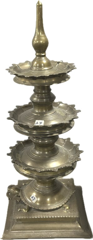 Antique/Vintage Indian Brass Temple Oil Lamp.: 35.5"Hx14.5"W. Fairly heavy at 50+ lbs. Large tortoise base Deepasthambham 3-tier ritual lamp. Condition: Very good. **LOCAL PICKUP MUST BE BY APPT ONLY POST AUCTION ONLY ON SPECIFIC DATES:CALL 717-27