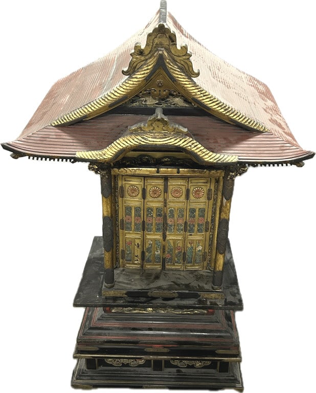 Japanese Meiji Period Buddhist Shrine.: 48"Hx29"Wx23"D. 19th century, known as a butsudan, lacquered and gilt wood Buddhist shrine. Condition: Good with wear. **LOCAL PICKUP MUST BE BY APPT ONLY POST AUCTION ONLY ON SPECIFIC DATES:CALL 717-