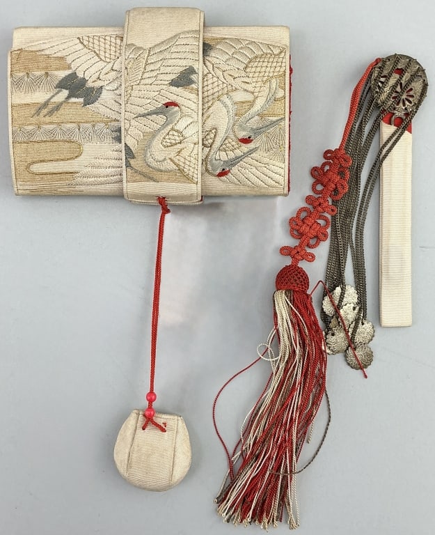 Japanese Crane Embroidered Silk Hakoseko.: 8.5"L. A traditional cosmetic pouch or purse, typically hung from the obi (sash) of a kimono. Crane embroidery symbolizes a classic Japanese symbol of longevity and good fortune. Accompanied with an o