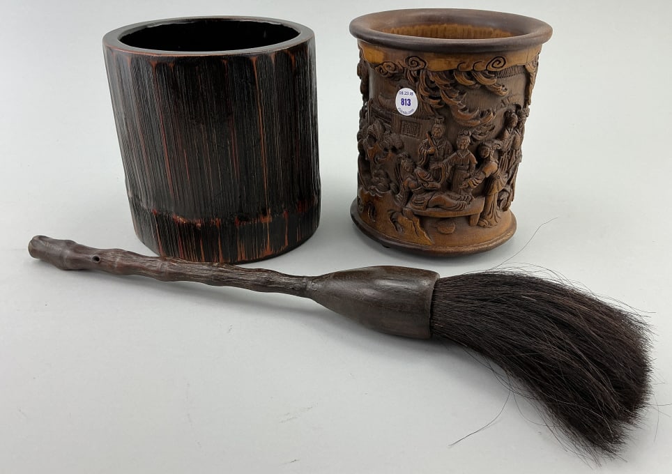 2 Antique Chinese Calligraphy Brush Pots & Brush. (1 of 15)
