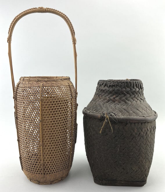 Antique Bamboo Ikebana & Bogohan Baskets.: Largest: 17"H. Japanese Ikebana Flower Basket and Philippine Bogohan Storage basket. Condition: Good with loss and wear. **LOCAL PICKUP MUST BE BY APPT ONLY POST AUCTION ONLY ON SPECIFIC DATES:CALL 71