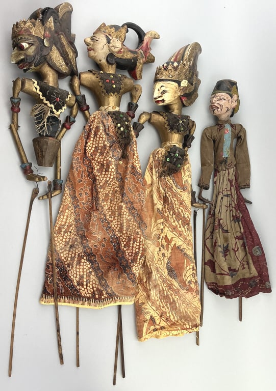 4 Vintage Indonesian Wayang Golek Rod Puppets.: Longest: 32"L. Hand-carved and painted wood puppets dressed in batik cloth sarongs. Wayang Golek are a form of puppet theatre popular in West Java. Condition: Good with wear.**LOCAL PICKUP MUST BE BY 