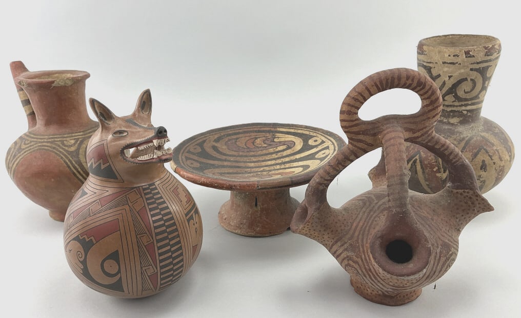 Various Antique/Vintage Pottery Vessels.: Wolf Form: 6.5"H. Including Mata Ortiz Wolf-form jug signed by Geraldo Mora Tena. Various hand-painted pottery vessels including Majiayao and pre-Columbian styles. Condition: Fair to good with chips a