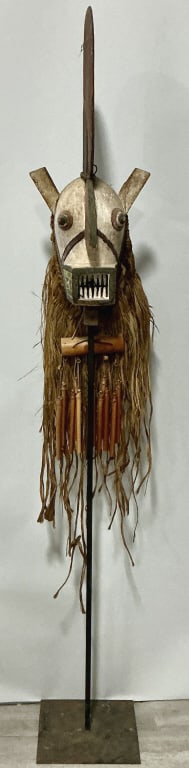 Vintage West African BWA Kobiay Spirit Mask: 7'H. Burkina Faso Bobo bird form carved and painted wood mask with raffia mane. Condition: Good with minor loss and wear. **LOCAL PICKUP MUST BE BY APPT ONLY POST AUCTION ONLY ON SPECIFIC DATES:CALL 7