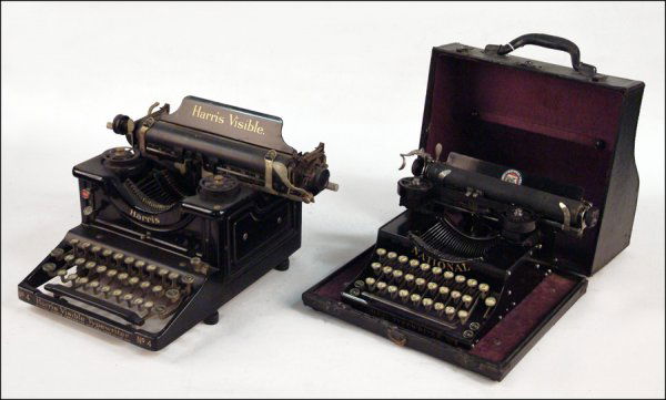 TWO TYPEWRITERS.: TWO TYPEWRITERS. comprising a National Rex Model 3, No. 13147, with three row keyboard and leather case, and a Harris Visible No. 110062, both made in Fon Du Lac, Wisconsin *Condition: No Specific Con