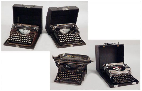 FOUR UNDERWOOD TYPEWRITERS.: FOUR UNDERWOOD TYPEWRITERS. comprising a No. 3 12-Inch, a Champion portable, a wood-grained portable, and a black portable, the portables cased *Condition: No Specific Condition Recorded - Sold As Is