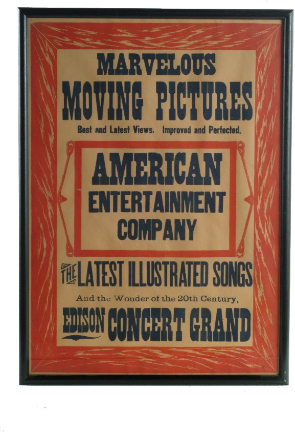 Edison Kinetoscope/Phonograph Poster,: by the American Entertainment Co., circa 1900, two-color, advertising the latest films and illustrated songs with the "Concert Grand" phonograph, framed and glazed, 29 x 21 in.