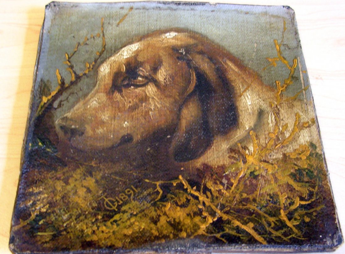 Jean Louis Theodore GENTILZ Painting Dog In The Forrest: This well done painting measures 5.5 inches W x 5.5 Inches H. Louis Theodore Jean Gentilz (May 2, 1819 – January 4, 1906) was born in Paris and graduated from the l’Ecole royale gratuite de dessin