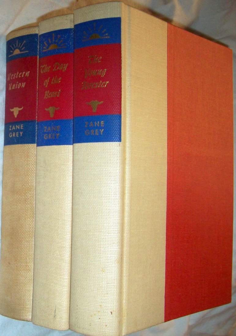 Western Union Day of the Beast Young Forester ZANE GREY: Walter J. Black, Publisher. Buckram cloth quarter bound spine with brick red cloth, stamped spine in red, blue and buckram with sunrise and steer-head vignettes, blued top edge. Part of the 75 Volume 