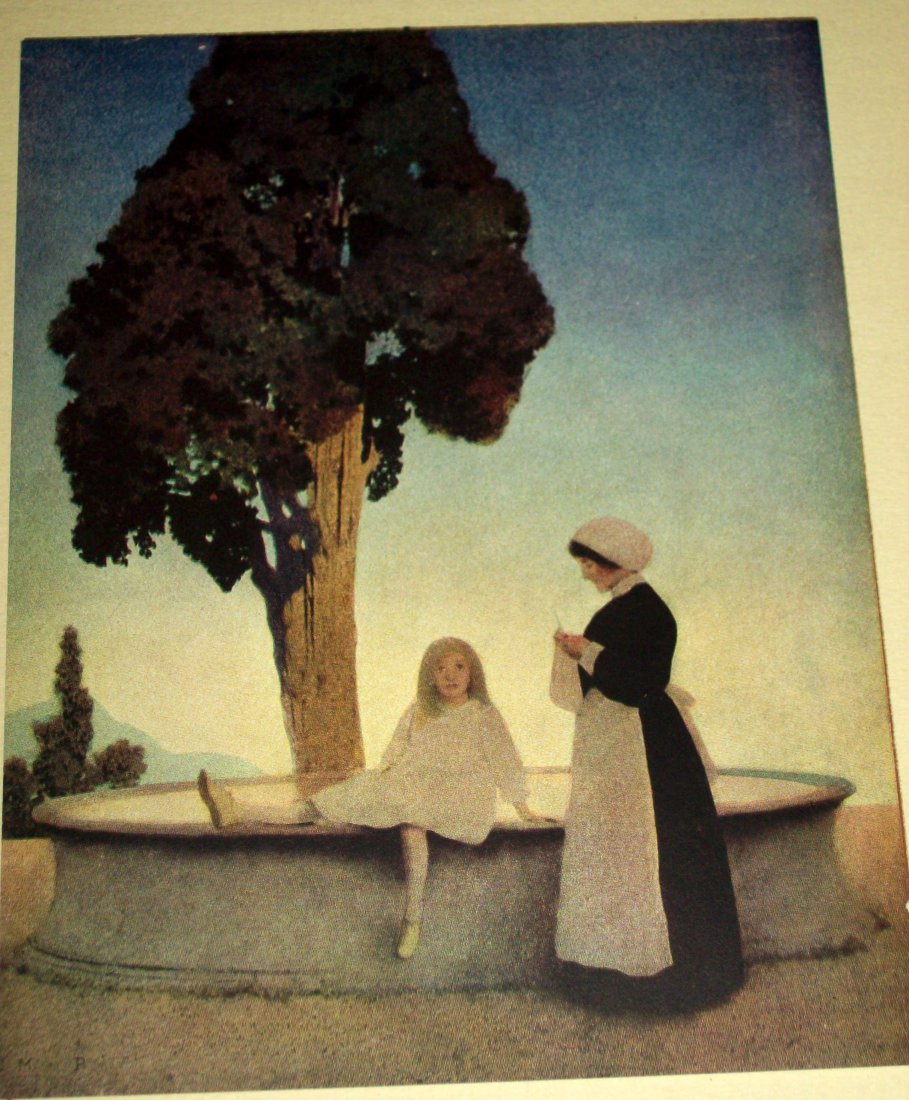Maxfield Parrish Color Plate "The Little Princess": This lovely piece shows the amazing use of color and light that made Parrish a true artistic genius. The plate measures 6.5 T x 5 W inches. The mounting page measures 8 x 11 inches.