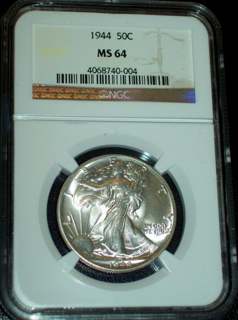 1944 Liberty Walking Half Dollar NGC MS 64: Country: United States Years: 1916-1947 Value: Half Dollar = 50 Cents (0.5 USD) Metal: Silver (.900) Weight: 12.5 g Diameter: 30.6 mm Thickness: 1.80 mm Engraver: Adolph Alexander Weinman