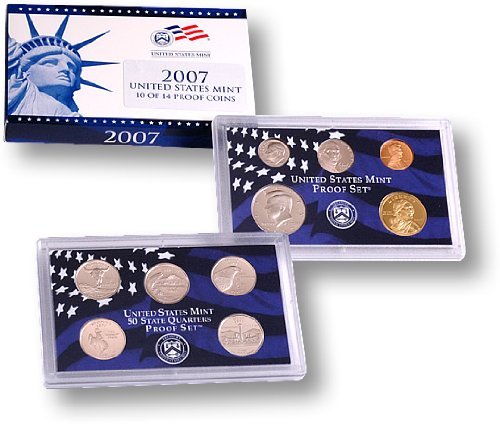 2007 US Mint 10 of 14 Proof Coins Set: 2007 Proof Set contains the five State Quarters featuring Montana, Washington, Idaho, Wyoming, and Utah, and finally the Sacagawea Dollar, Kennedy Half, Roosevelt Dime, Jefferson Nickel, and Lincoln C
