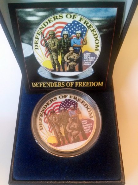 Defenders of Freedom Eisenhower Dollar With Box COA: Inspired by the valor of the U.S. Armed Forces, The exclusive design salutes the Army, Navy, Coast Guard, Air Force and Marines on the historic Eisenhower Dollar. Minted from 1971 to 1978, the famous 