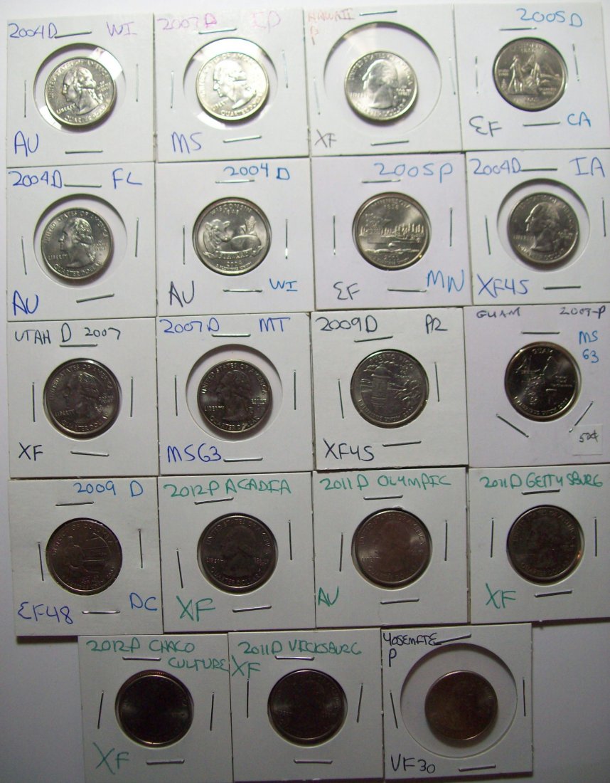 Lot of (19) State Quarters 2004-2012 VF-MS 63: 2004-D (2) WI (AU) FL (AU) IA (XF-45). 2005-P MN (XF). 2005-D CA (XF). 2007-D MT (MS 63) UT (XF) ID (MS). 2007-P Guam (MS 63). 2009-D (XF-48) PR (XF-45). 2010 Yosemite (VF-30). 2011-D Vickburg (XF)Get
