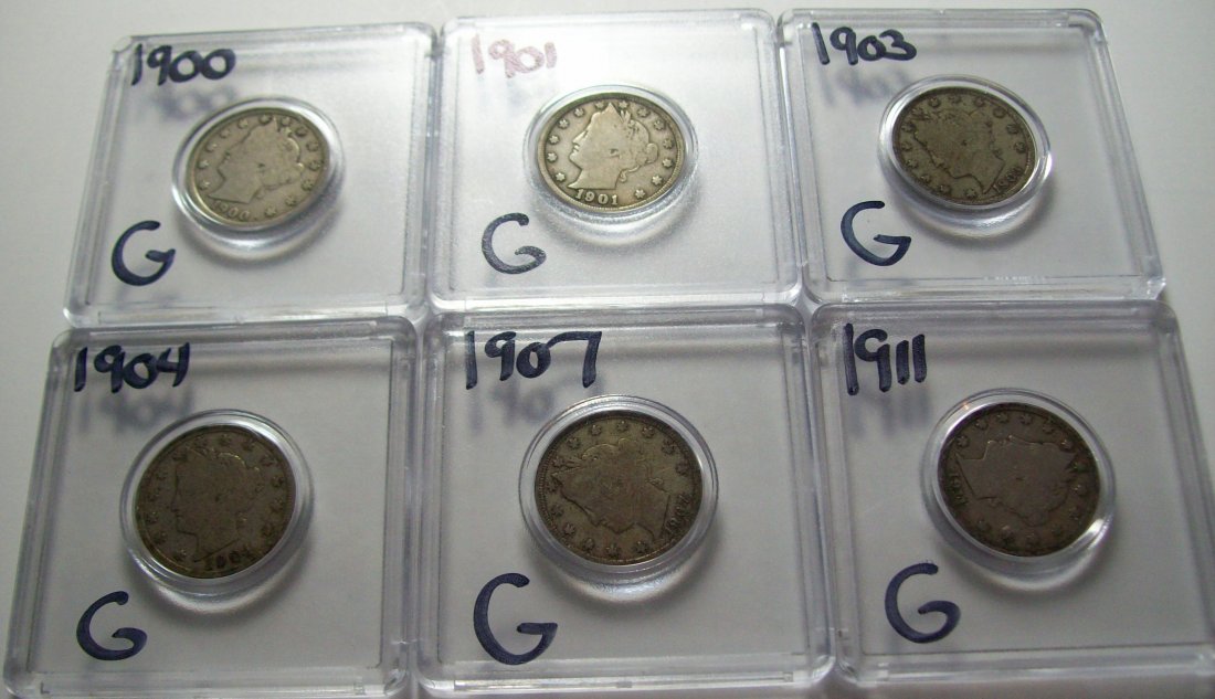 Lot of (6) US Liberty V Nickel 5 Cents 1900-1911 G Good: Lot of (6) US Liberty V Nickel 5 Cents 1900-1911 G Good