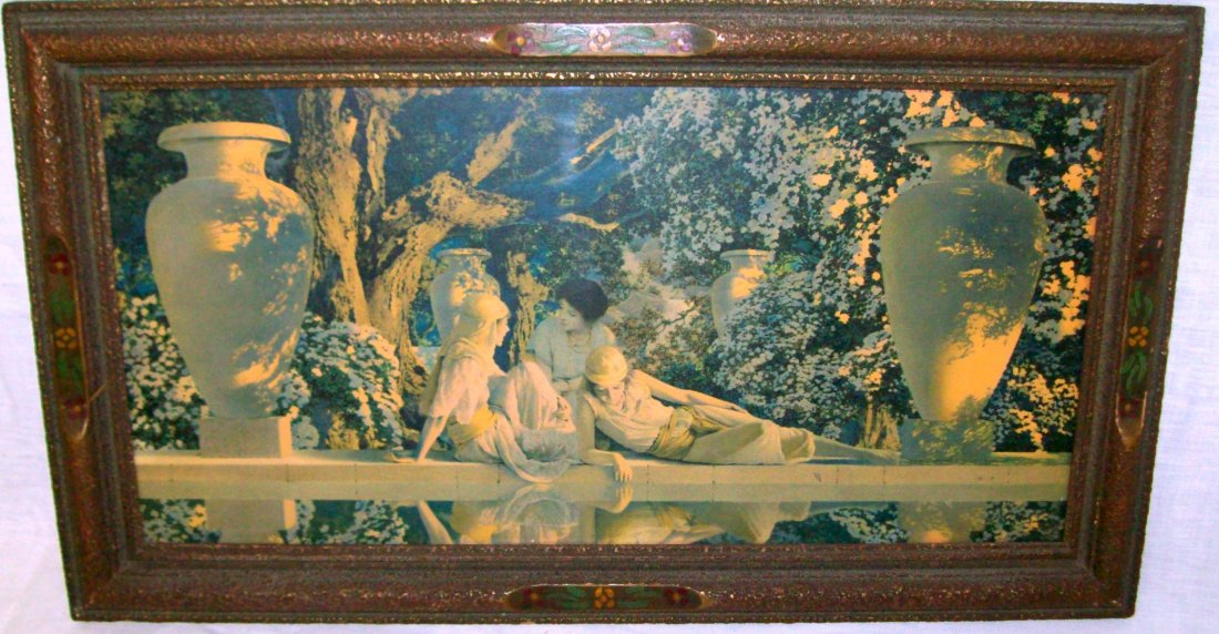 Maxfield Parrish "The Garden of Allah" ChromolithograpH: Maxfield Parrish. "The Garden of Allah". (ca. 1920's). Chromolithograph reproduction of Parrish's original painting "The Garden of Allah" painted in 1918. Measures 21" W x 11" T. Comes in the original