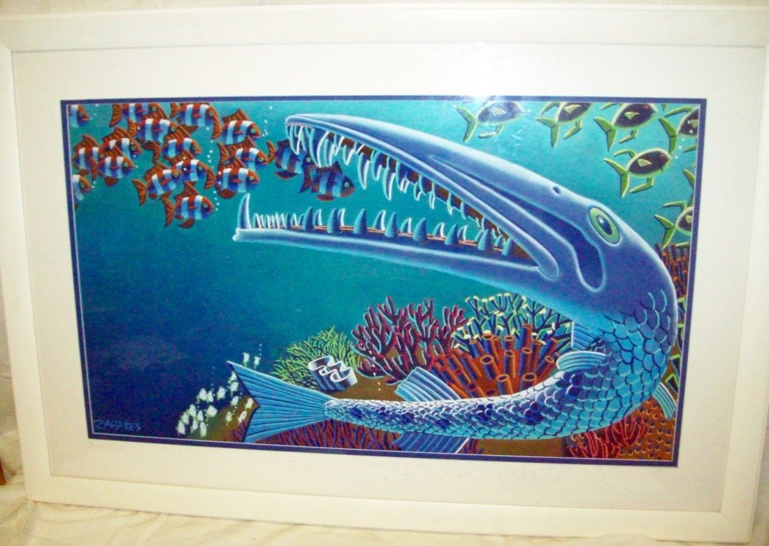 Wade Zahares Painting "Big Fish Little Fish": Pastel painting measuring 37.5" x 26.5" with the frame measuring 47.5" x 32". Signed by artist in lower left hand corner.