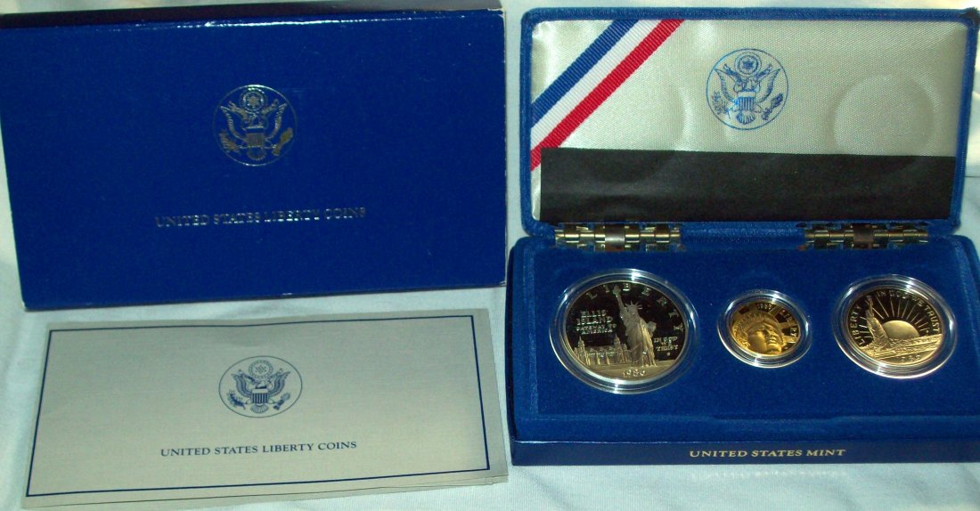1986 Liberty Three Coin Proof Set Gold Silver Box COA: Coins in this set include: $5.00 1986-W US Statue of Liberty Gold $5 Proof 90% Gold; 1986-S US Statue of Liberty Silver Dollar Proof 90% Silver; 1986-S US Statue of Liberty Half Dollar Proof Copper/Ni