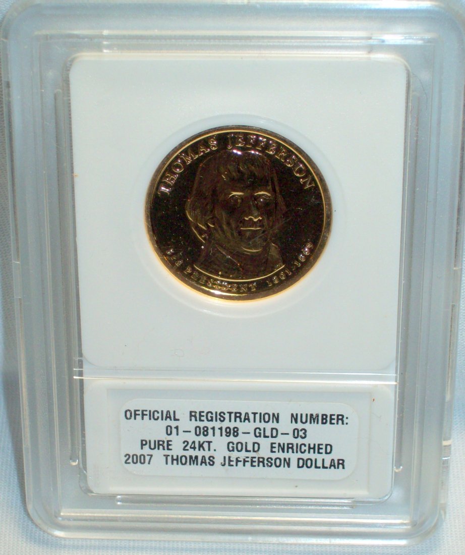 2007 Thomas Jefferson Presidential Dollar 24K Gold: 2007 John Adams Presidential Dollar 24K Gold Enriched