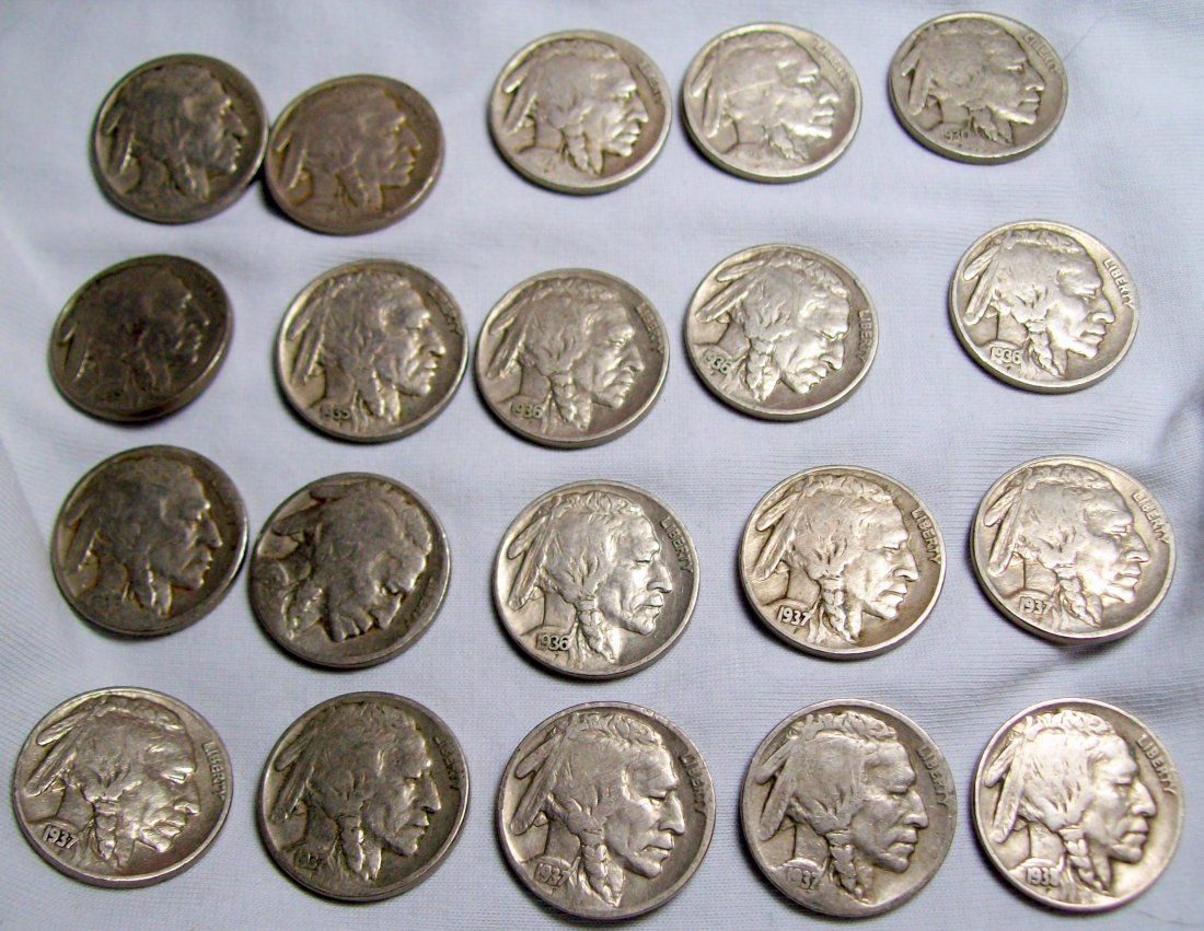 Lot of 20 Buffalo Nickels 1923-1938: Lot of 20 Buffalo Nickels 1923, 1925, 1927, 1929, 1930, (2) 1935, (4) 1936, 1936-D, 1936-S, (5) 1937, 1937-D, 1938-D