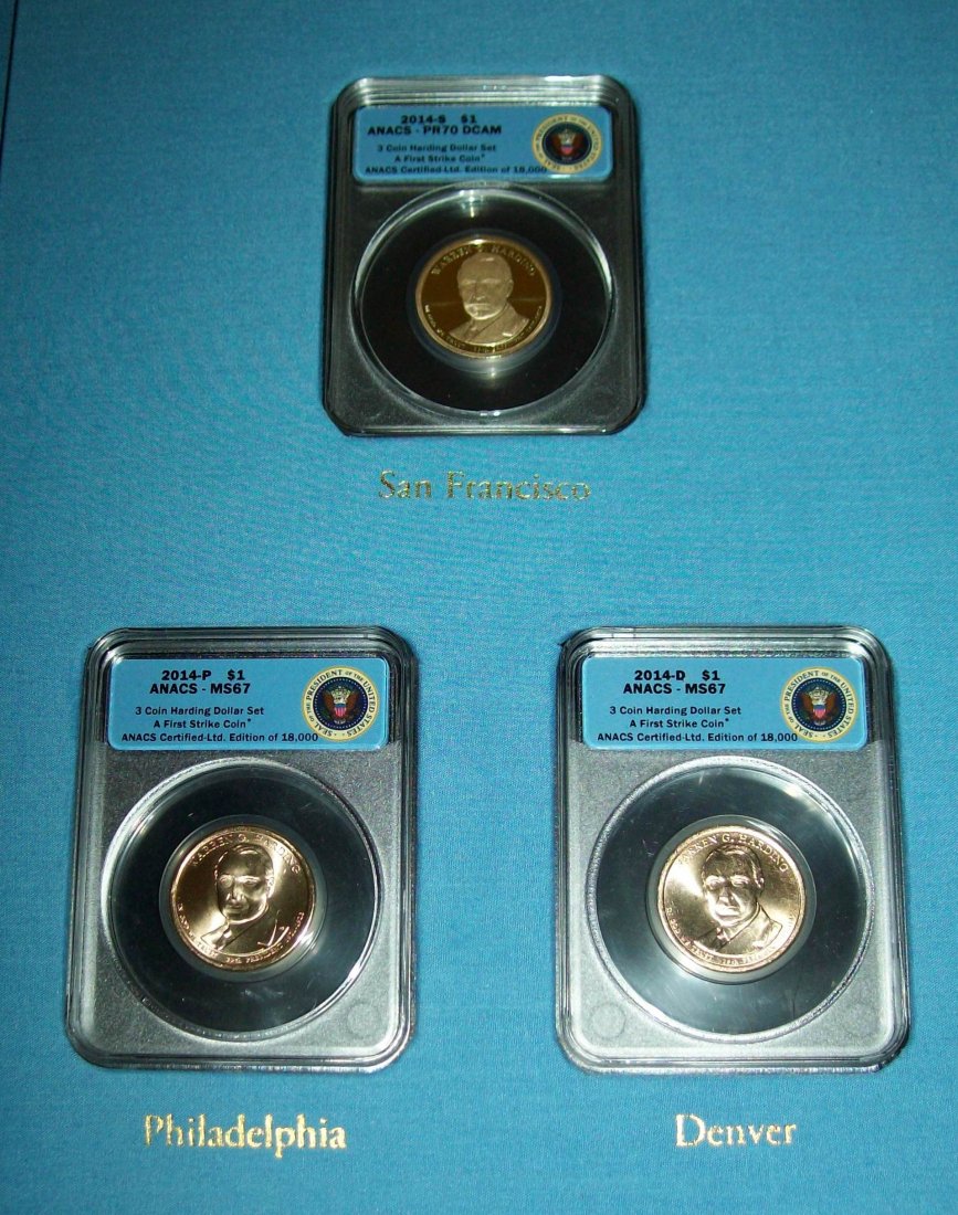 Set of (3) Warren Harding Presidential Dollars PF70: Contained in Presentation Folder With Picture and Biography