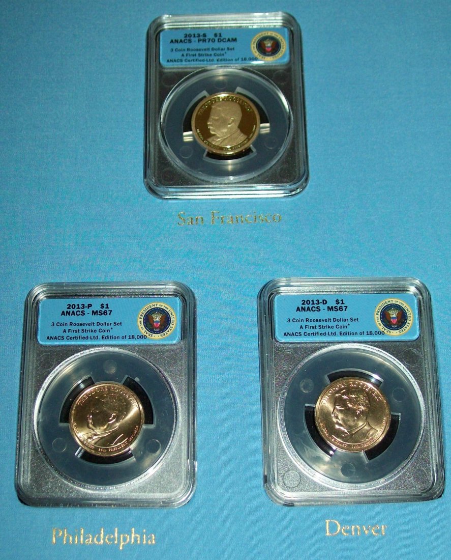 Set of (3) Theodore Roosevelt Presidential Dollars PF70: Contained in Presentation Folder With Picture and Biography