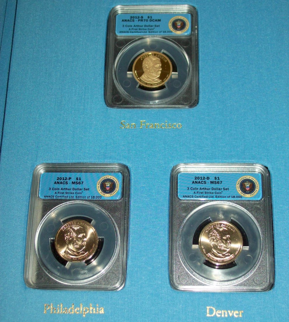 Set of (3) Chester A. Arthur Presidential Dollars PF70: Contained in Presentation Folder With Picture and Biography