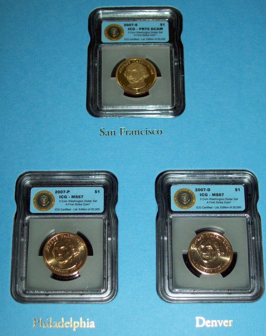 Set of (3) George Washington Presidential Dollars PF70: Contained in Presentation Folder With Picture and Biography